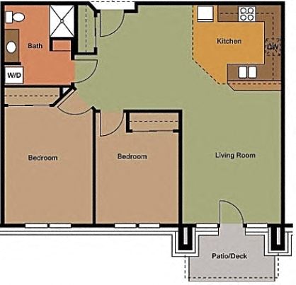 Floor plan for 2 beds, 1 bath, 918 sqft